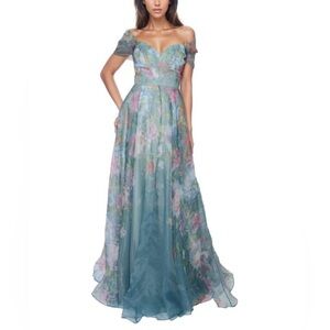 René Ruiz Floral Off-Shoulder Organza Gown Size 8 Boned Bustier A-Line